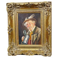 J. Gruber - Portrait of a Bavarian Folksy Man with Beer Mug, Oil on Wood