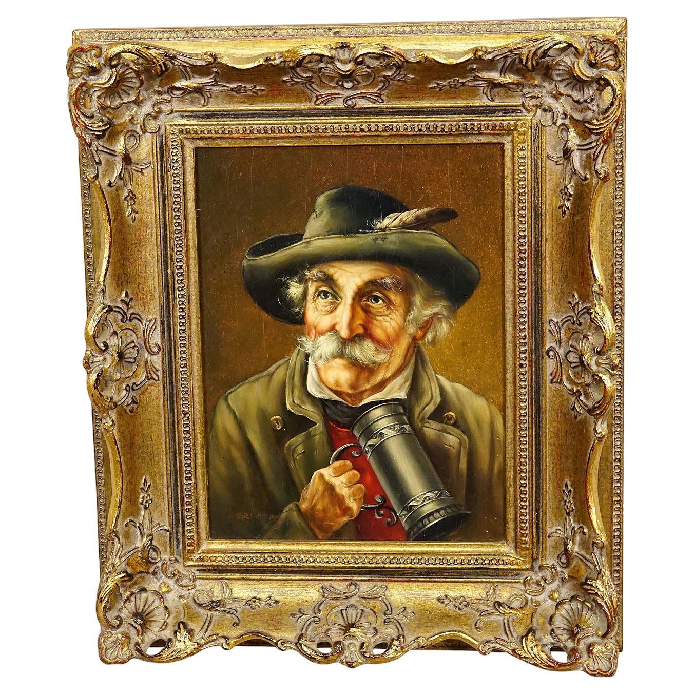 J. Gruber - Portrait d'un homme populaire bavarois avec une chope de bière, huile sur Wood en vente