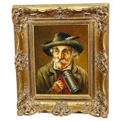 Antique J. Gruber - Portrait of a Bavarian Folksy Man with Beer Mug, Oil on Wood