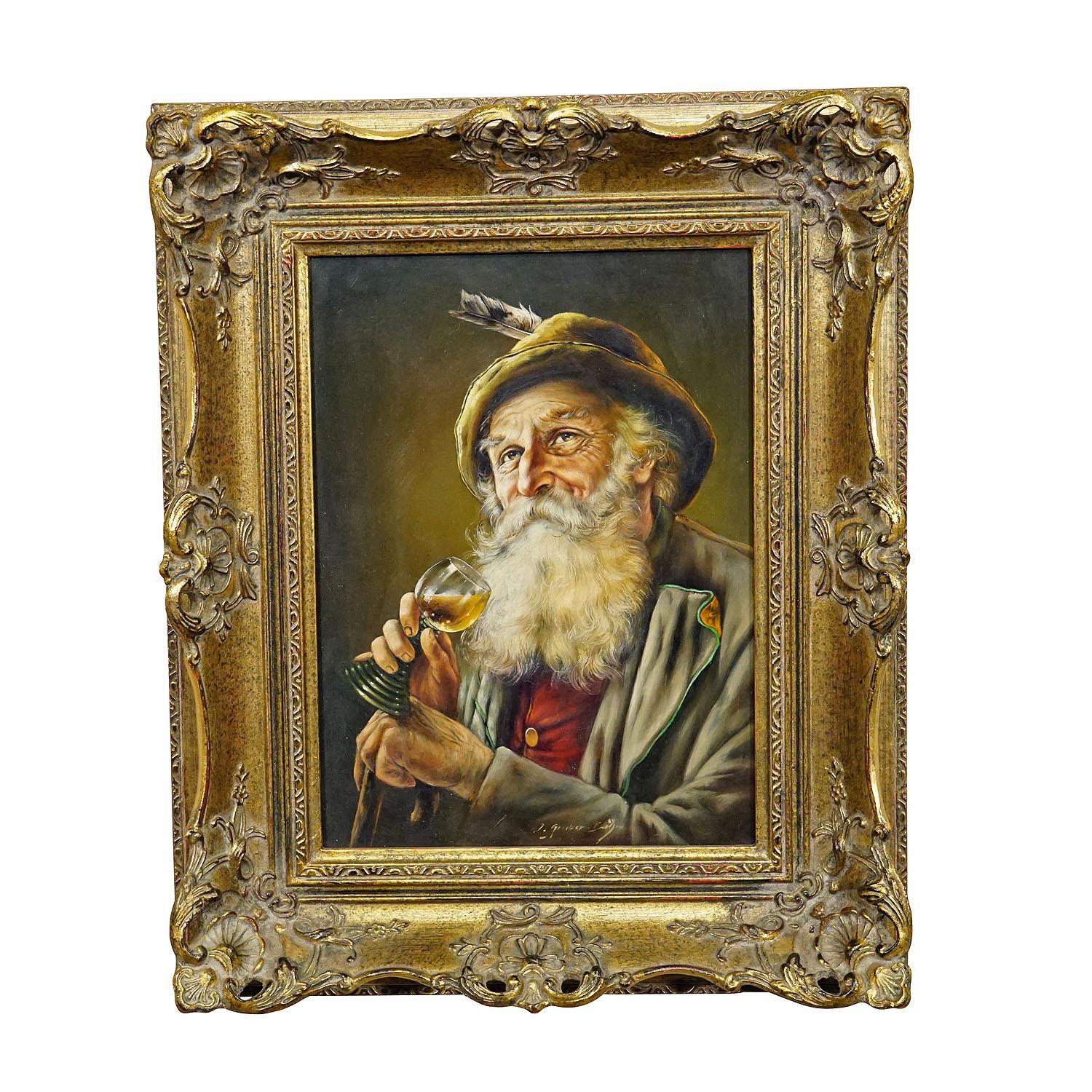 J. Gruber – Porträt eines bayerischen Volksmannes mit Weinglas, Öl auf Holz

Ein farbenfrohes Ölgemälde, das einen weintrinkenden, volkstümlichen bayerischen Mann in seinem Sonntagsgewand darstellt. Gemalt auf Holz mit Pastellfarben um 1950. Gerahmt