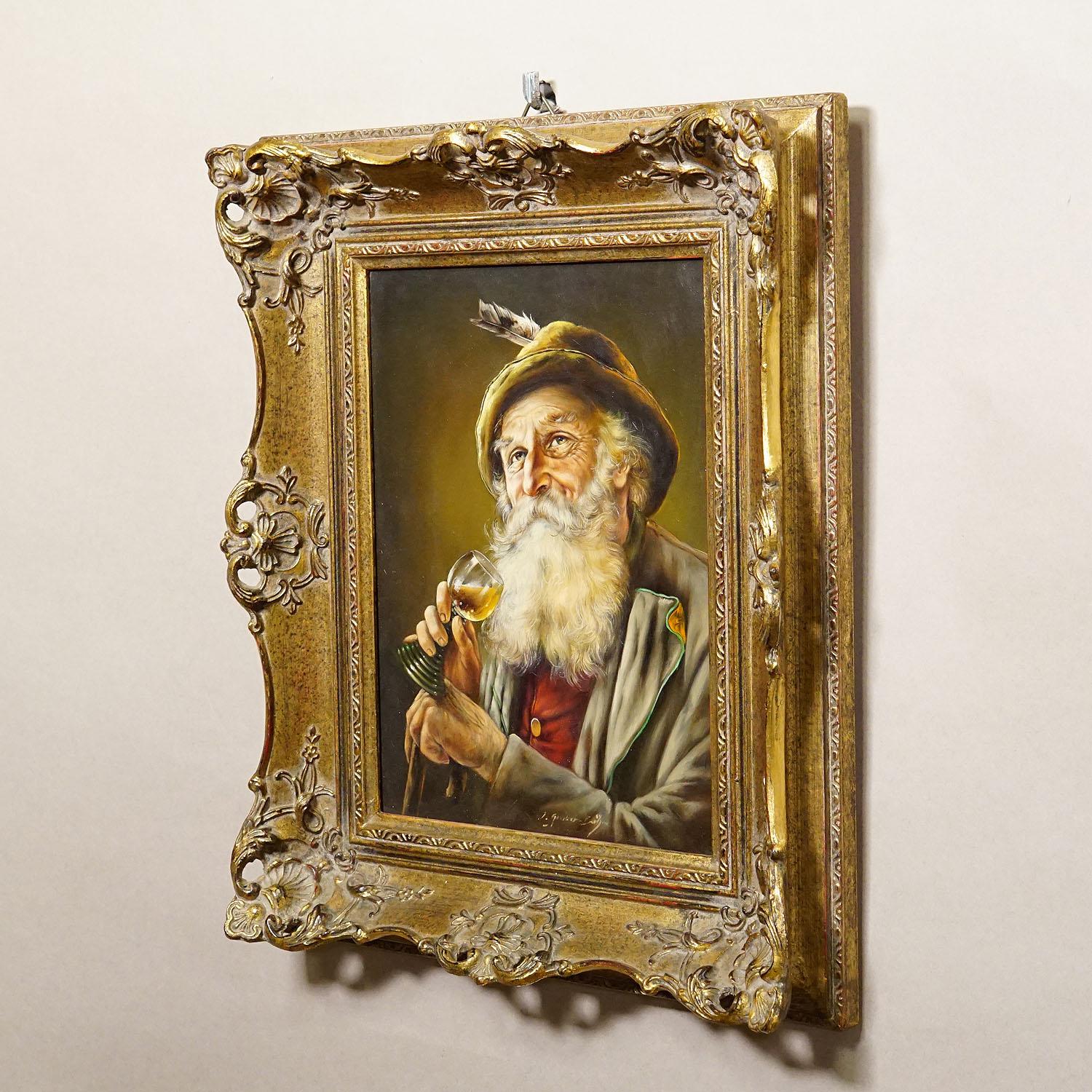 Folk Art J. Gruber - Portrait of a Bavarian Folksy Man with Wine Glass, Oil on Wood For Sale
