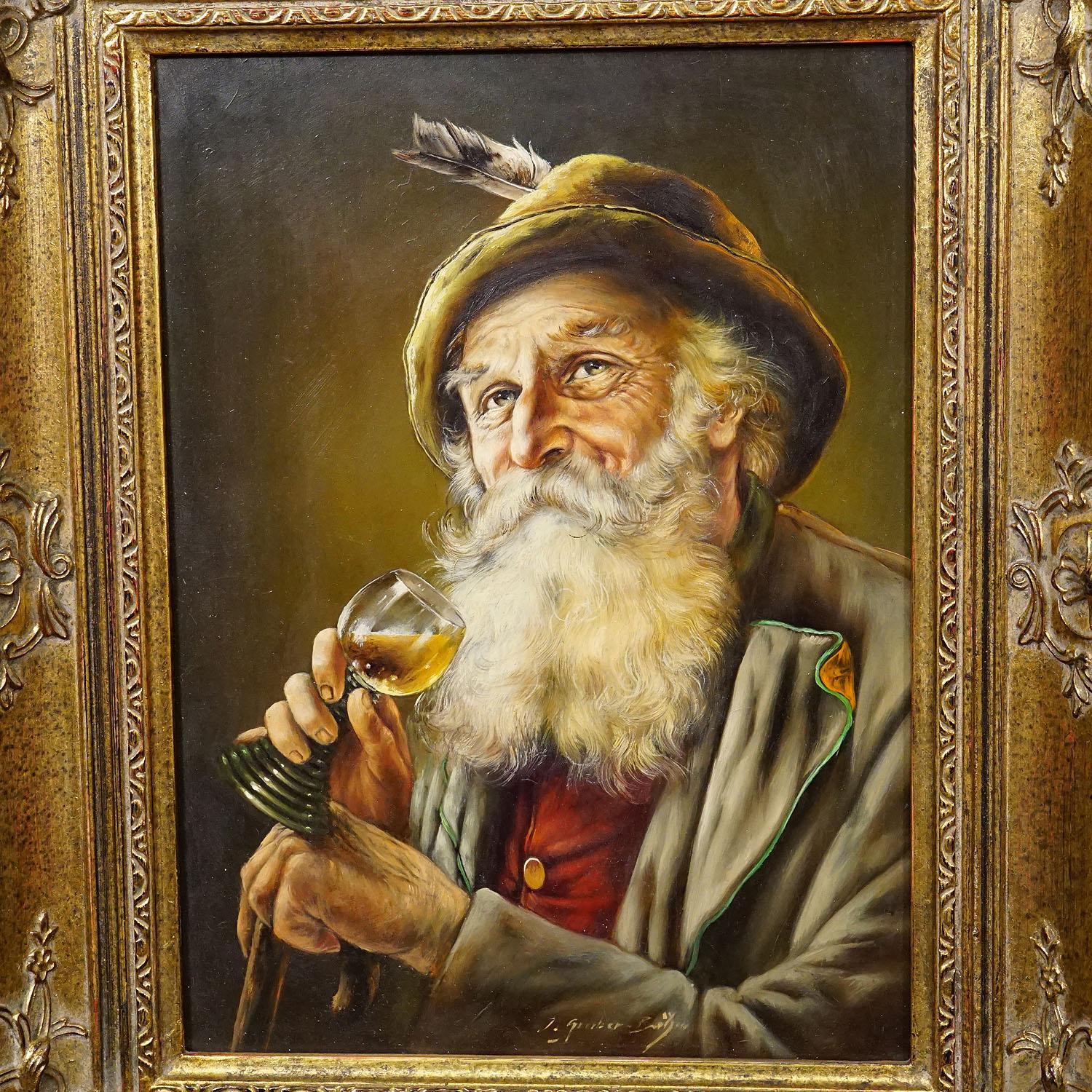 German J. Gruber - Portrait of a Bavarian Folksy Man with Wine Glass, Oil on Wood For Sale