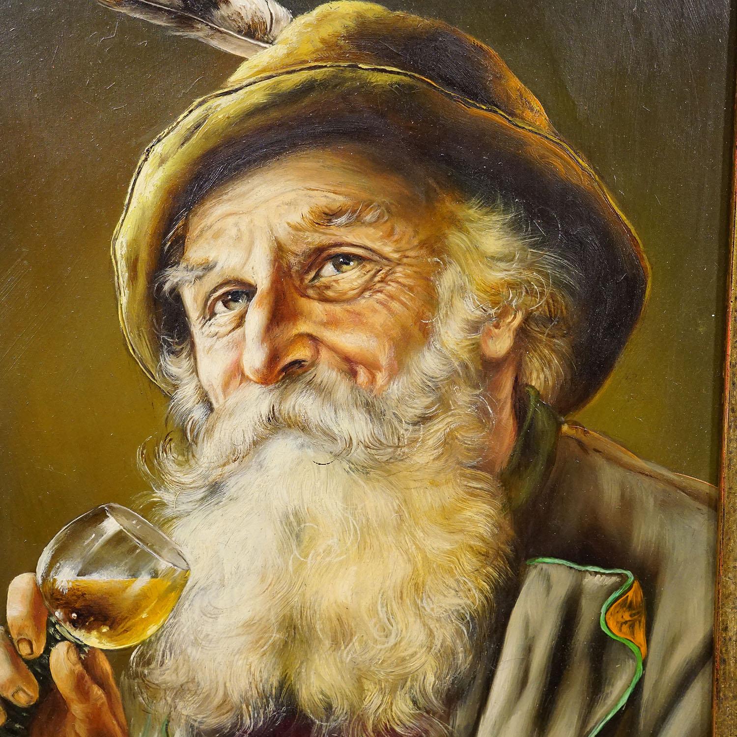 Painted J. Gruber - Portrait of a Bavarian Folksy Man with Wine Glass, Oil on Wood For Sale
