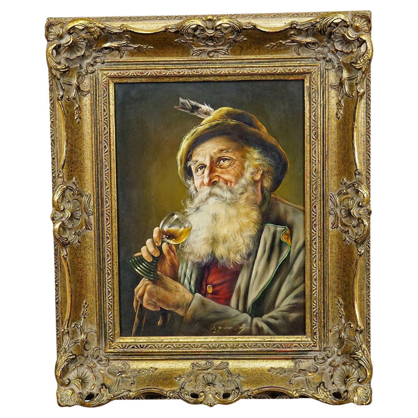 J. Gruber - Portrait of a Bavarian Folksy Man with Wine Glass, Oil on Wood For Sale