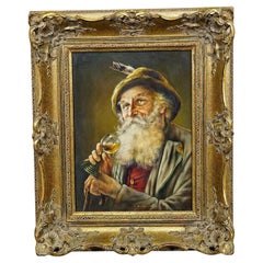 Vintage J. Gruber - Portrait of a Bavarian Folksy Man with Wine Glass, Oil on Wood