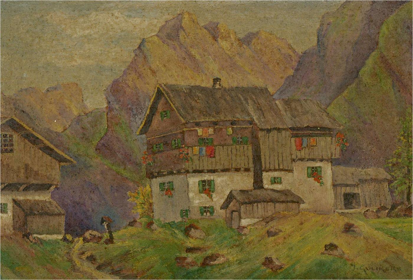 A colourful scene at a hamlet in the Alpine region of Tyrol. Presented in a white painted wooden frame. Signed to the lower-right edge. There is a label in Dutch on the verso in the artist's hand, detailing the materials of the buildings and the