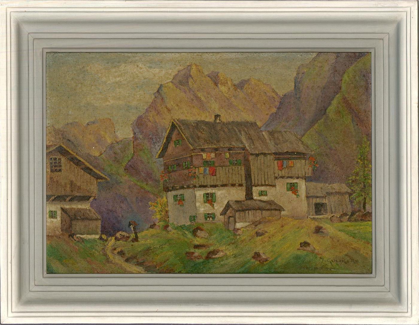 Una scena colorata in un villaggio della regione alpina del Tirolo. Presentato in una cornice di legno dipinta di bianco. Firmato sul bordo inferiore destro. Sul verso è presente un'etichetta in olandese di mano dell'artista, che descrive i