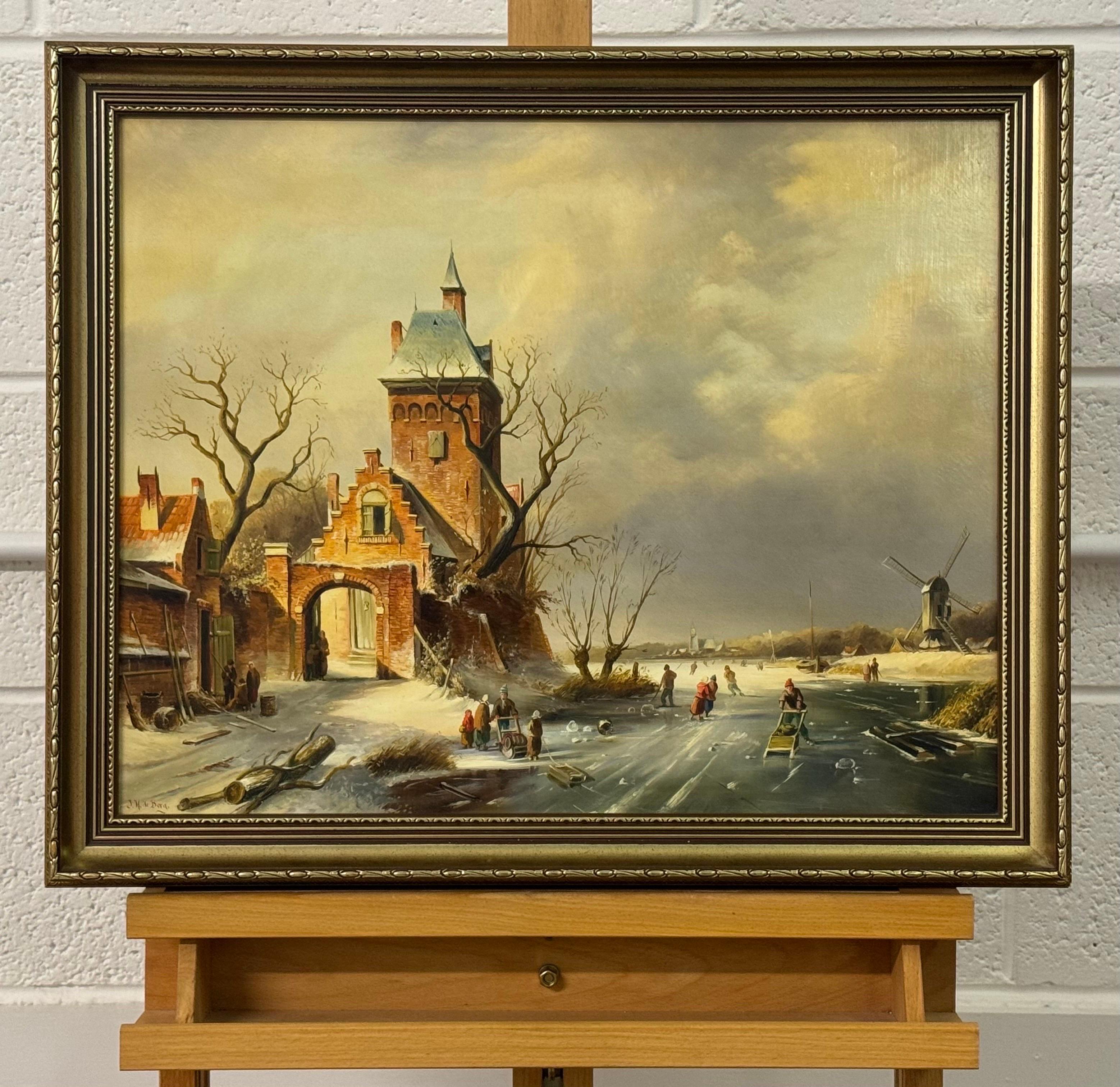 Escena navideña invernal de figuras patinando sobre un lago helado en un pueblo holandés - Painting de J. H. de Berg