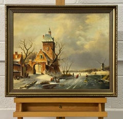 Winter Christmas Scene of Figures Skating on Frozen Lake in a Dutch Village