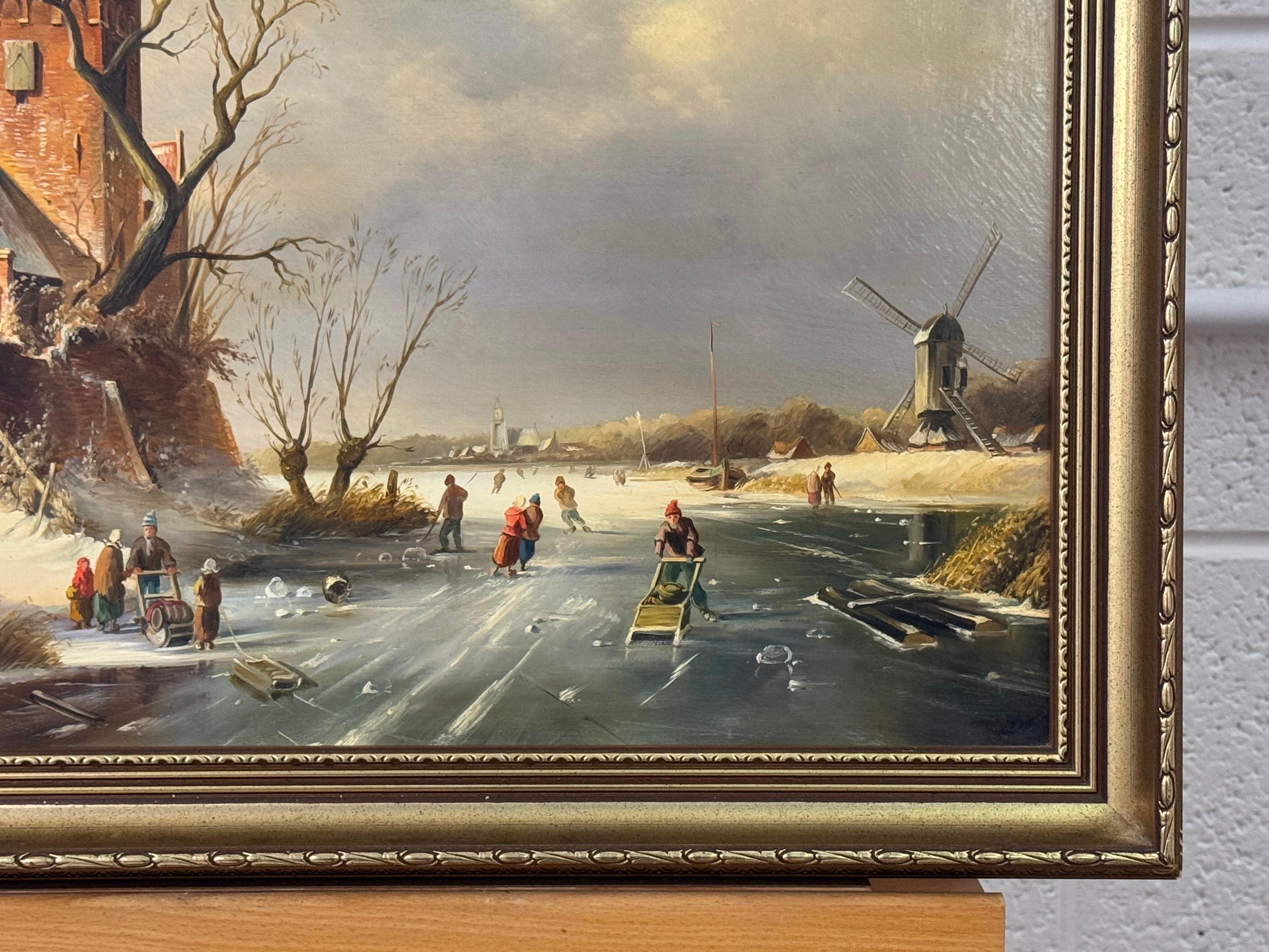 Escena navideña invernal de figuras patinando sobre un lago helado en un pueblo holandés - Painting Escuela holandesa de J. H. de Berg