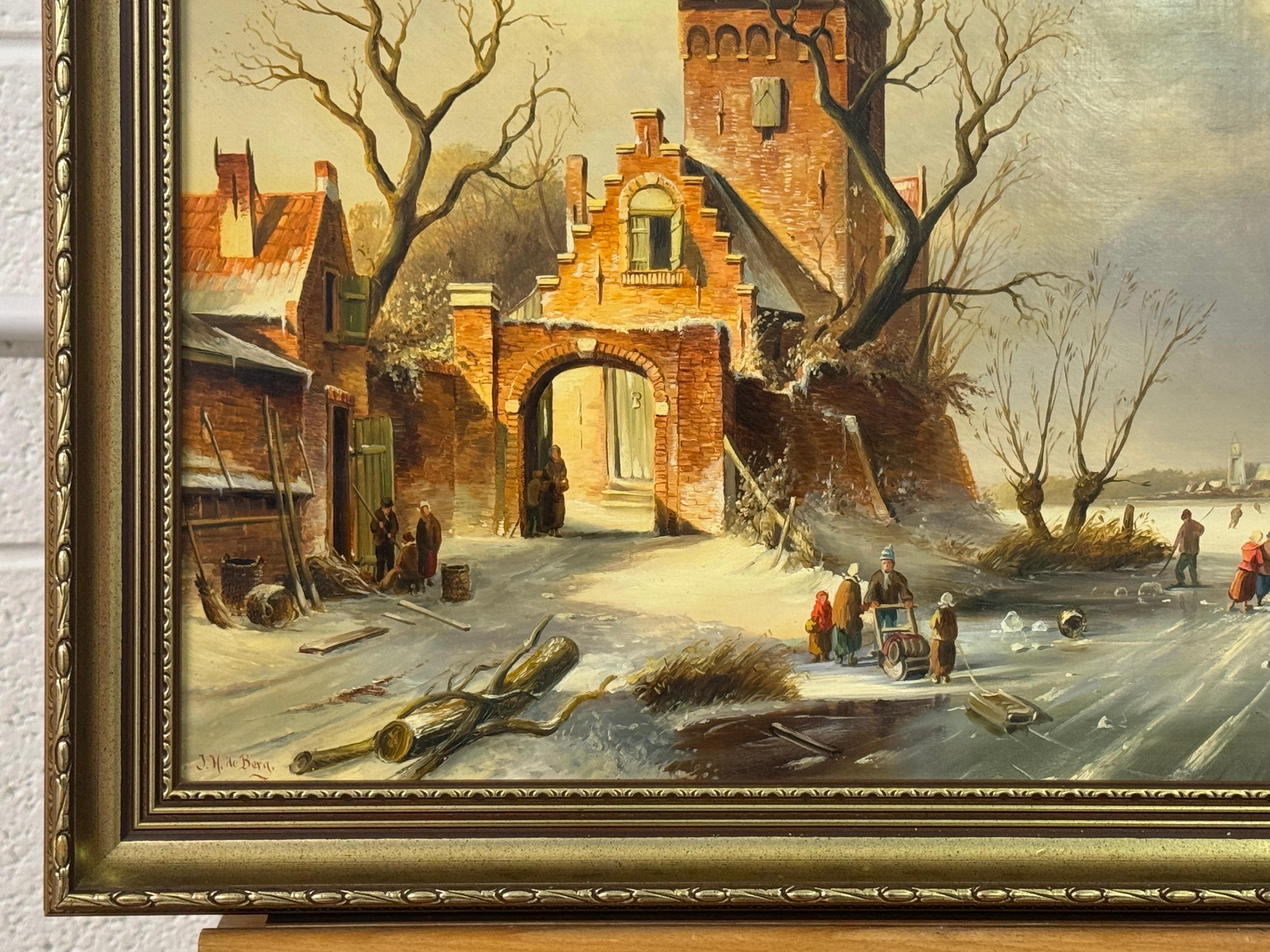 Escena navideña invernal de figuras patinando sobre un lago helado en un pueblo holandés - Landscape Painting Marrón de J. H. de Berg