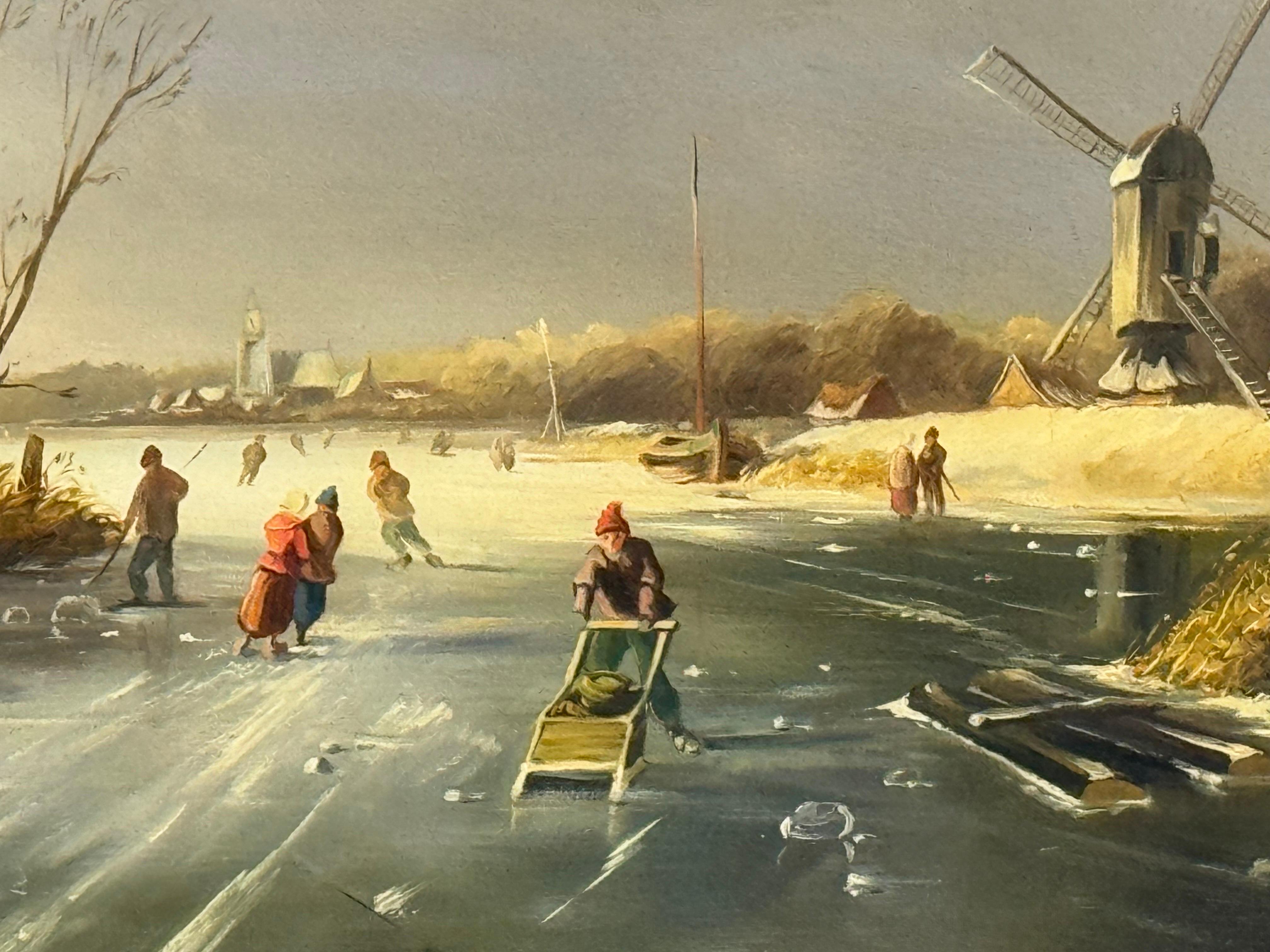Escena navideña invernal de figuras patinando sobre un lago helado en un pueblo holandés en venta 3