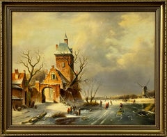 Winter Christmas Scene of Figures Skating on Frozen Lake in a Dutch Village