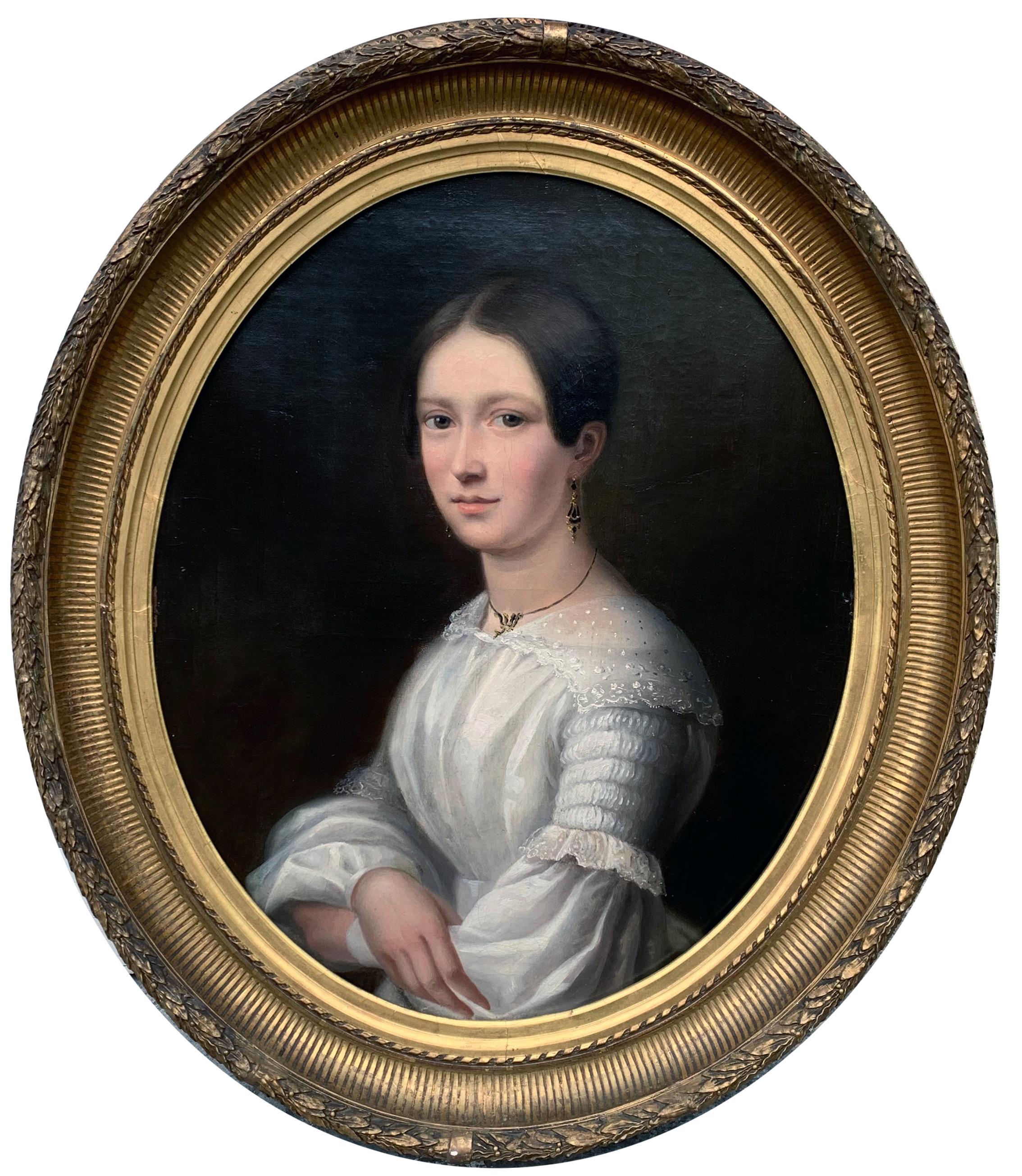 A Fine Classical Portrait of a Young Woman – Oil on Canvas, Signed J. Hallez E
