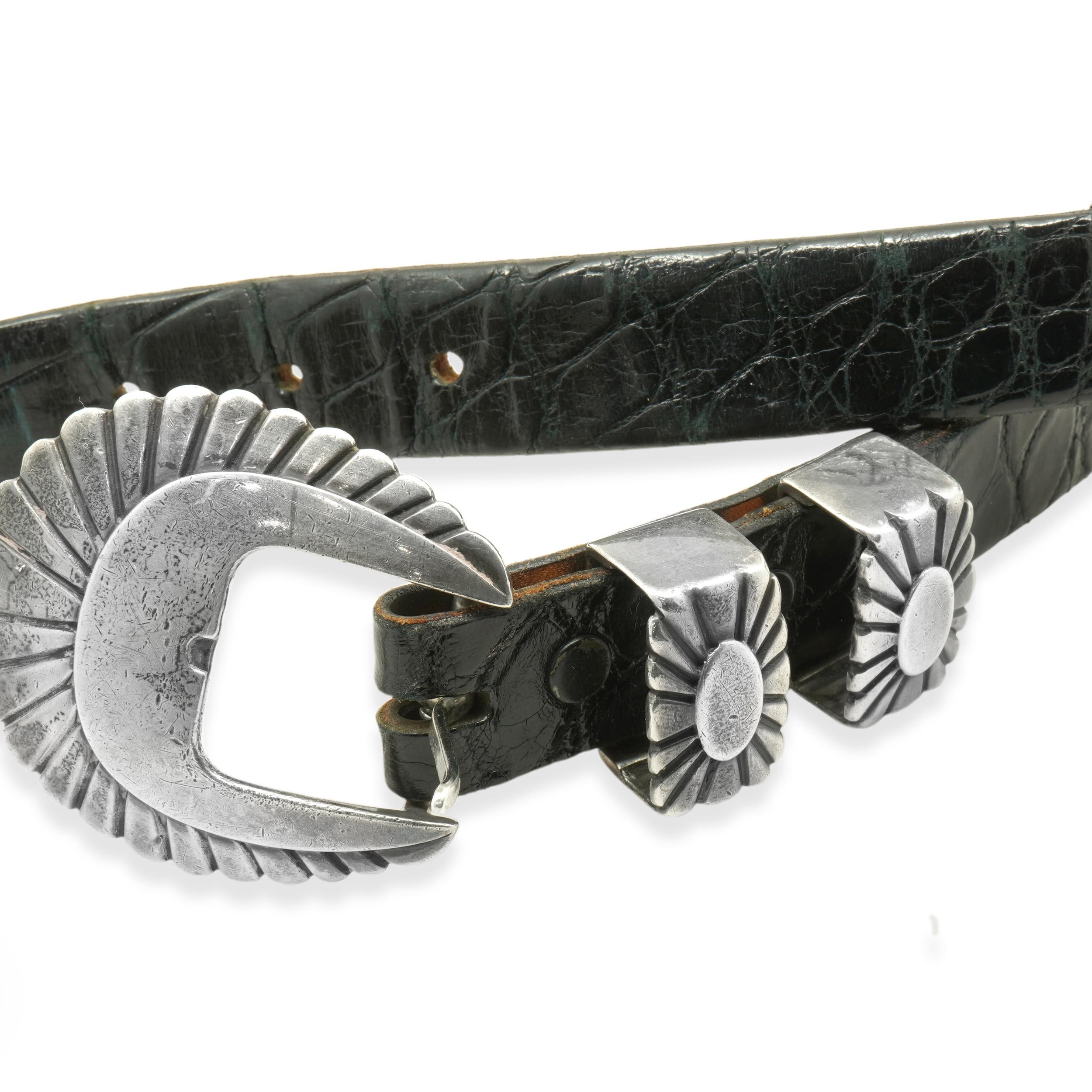 J. Hambleton Sterling Silver Belt with Genuine Alligator (ceinture en argent sterling et alligator véritable) Unisexe en vente