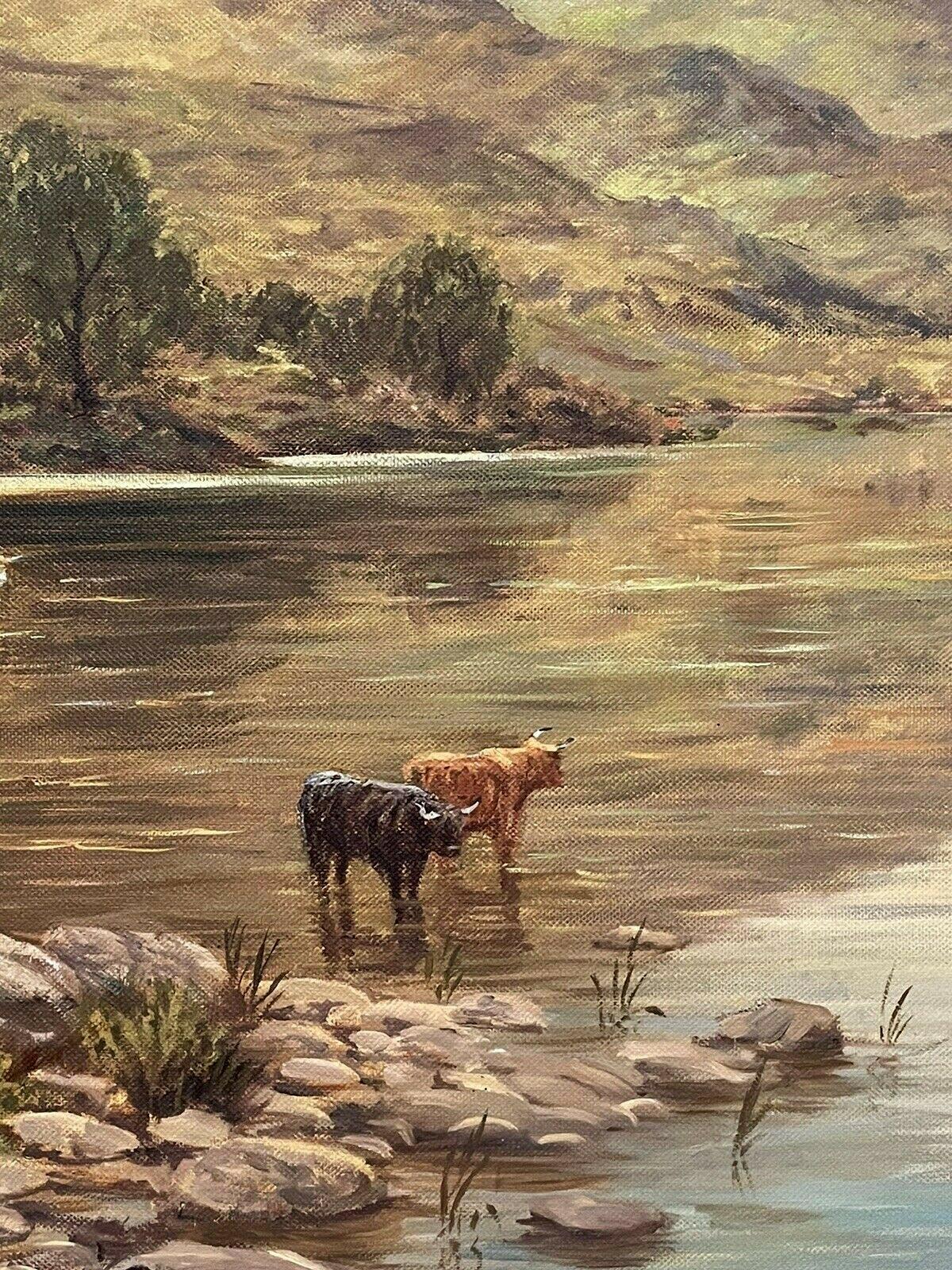 SIGNED SCOTTISH HIGHLANDS LOCH SCENE & CATTLE OIL PAINTING - J. HAMILTON GEORGE - Brown Landscape Painting by J. Hamilton George