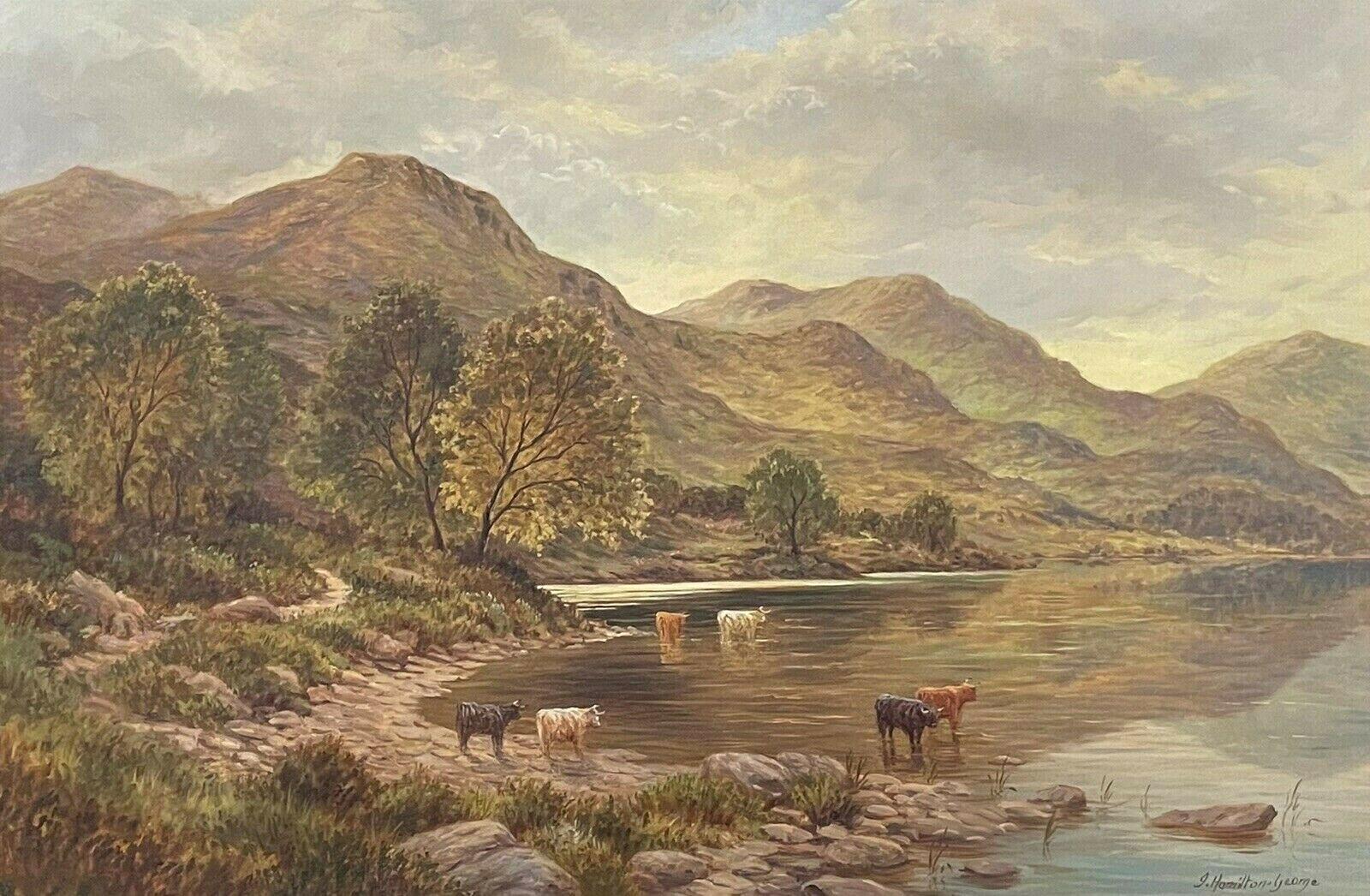 J. Hamilton George Landscape Painting - SIGNED SCOTTISH HIGHLANDS LOCH SCENE & CATTLE OIL PAINTING - J. HAMILTON GEORGE