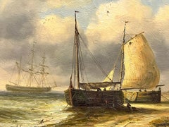 Traditional Fishing Boats Beached on Shore Signed English Oil Painting