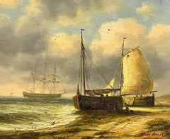 Peinture à l'huile anglaise signée représentant des bateaux de pêche traditionnels peints sur une plage