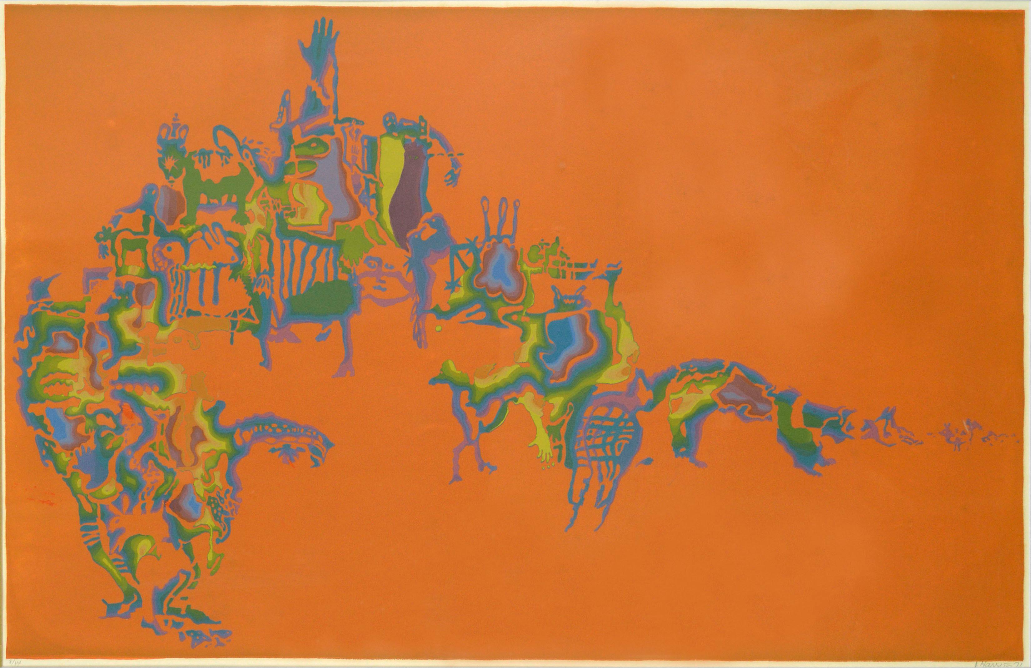 1970's Multicolor Psychedelic Figurative Abstract, Limited Edition Silkscreen - Print by J. Harrison