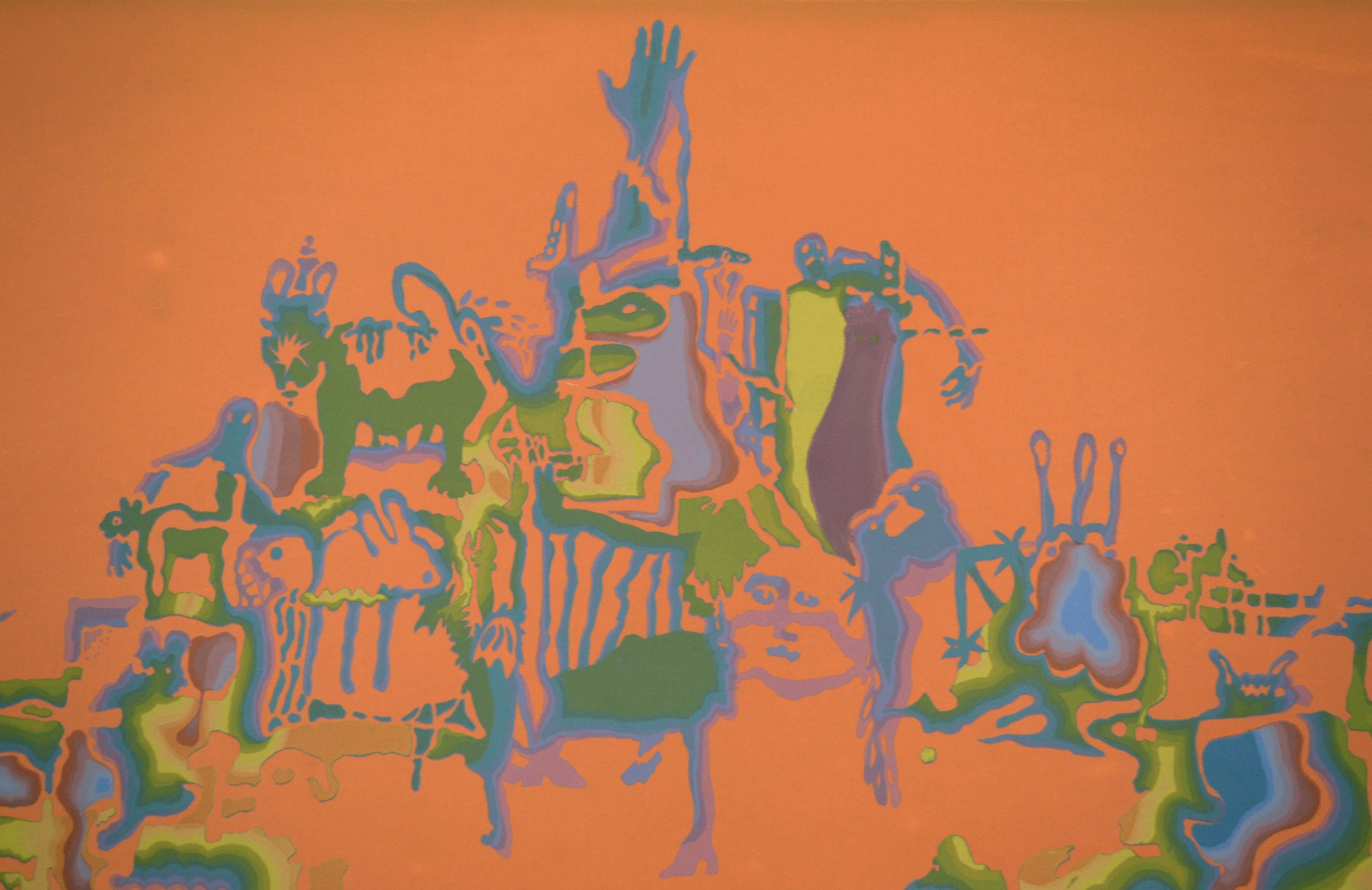 1970's Multicolor Psychedelic Figurative Abstract, Limited Edition Silkscreen - Brown Figurative Print by J. Harrison