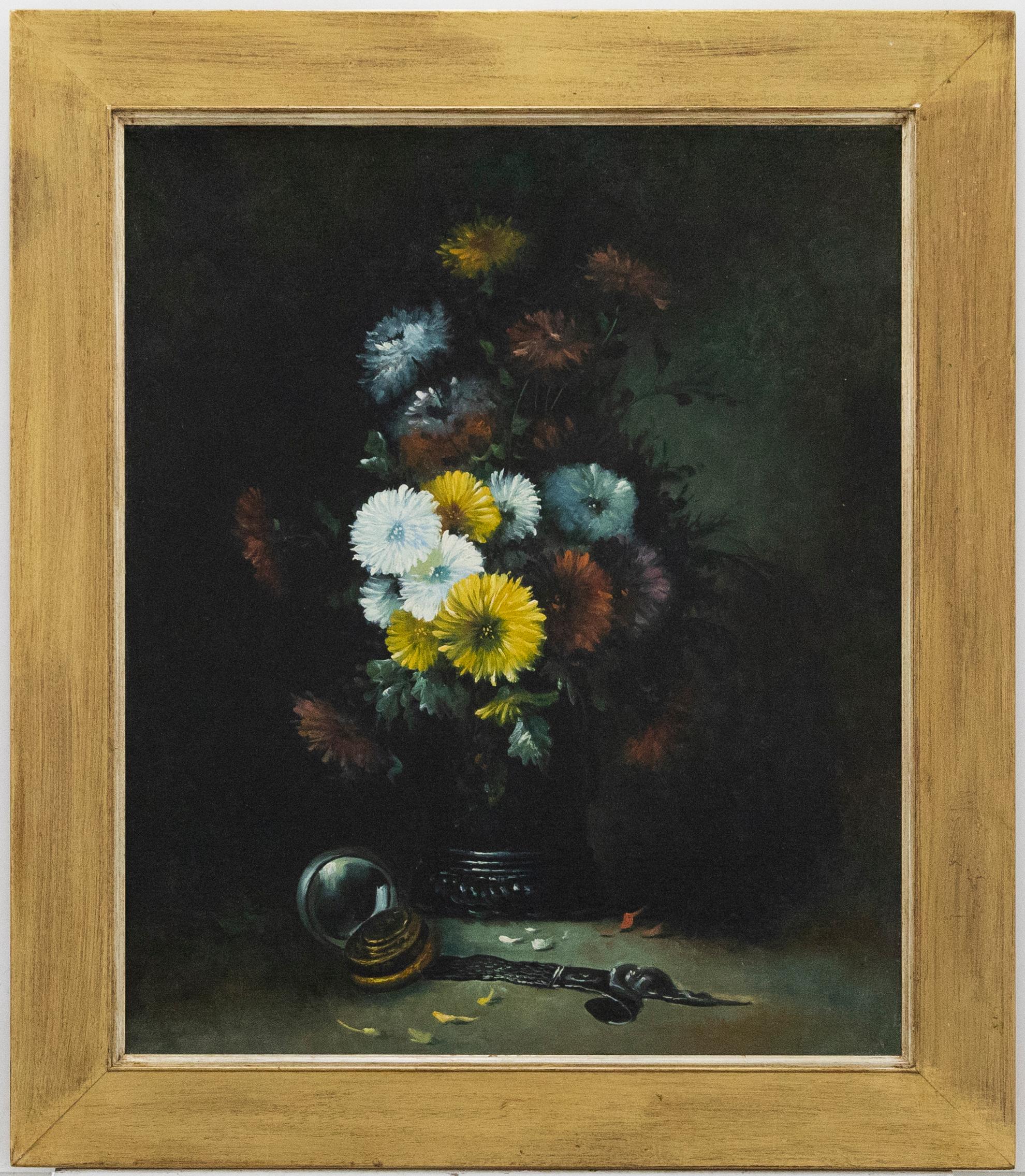 Still life of flowers in a vase. Presented in a wide gilt wood frame. Signed. On canvas on stretchers.