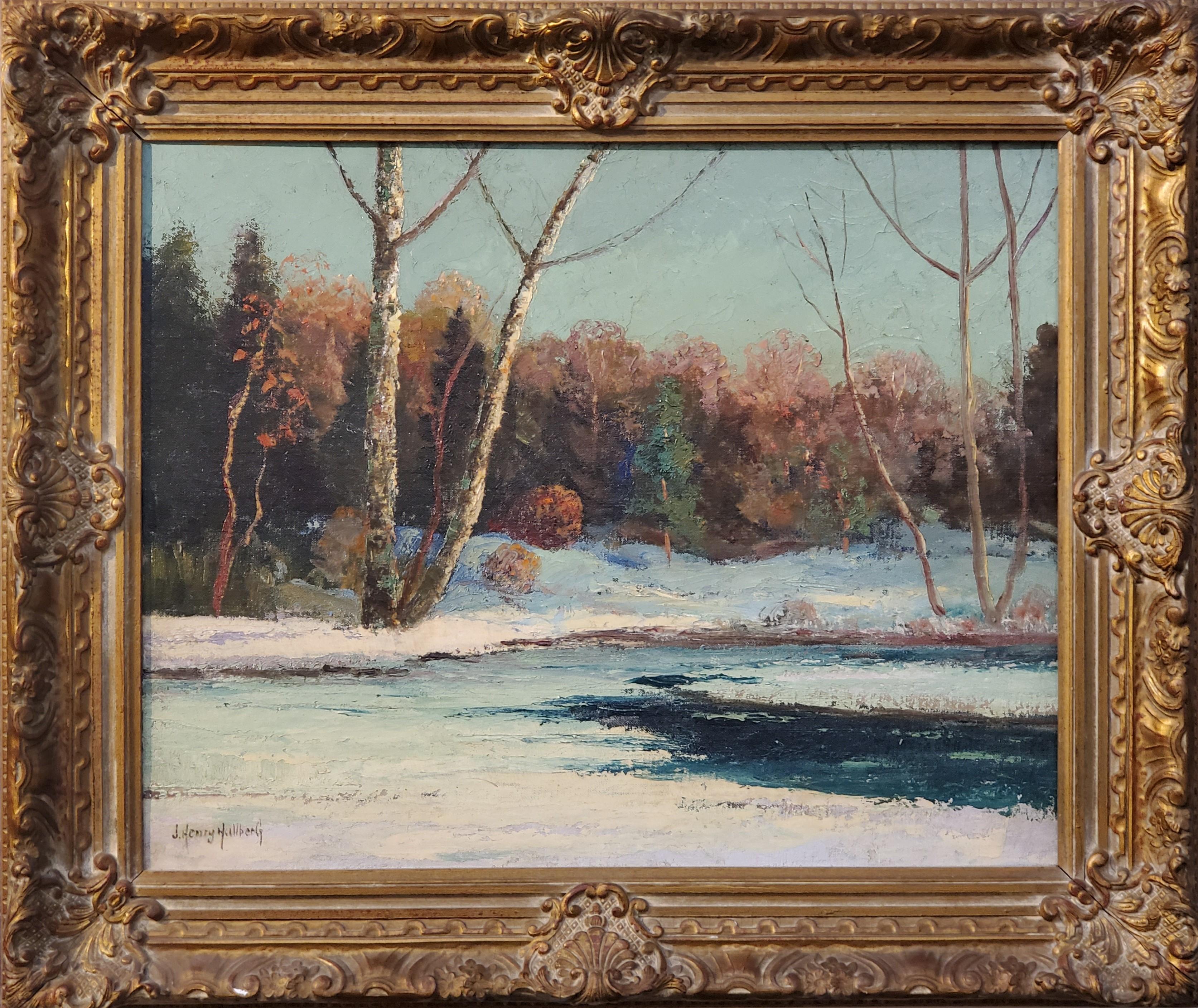 J. Henry Hallberg Landscape Painting - Landscape Oil Painting of an Early Snowfall in Woodstock NY by J Henry Hallberg
