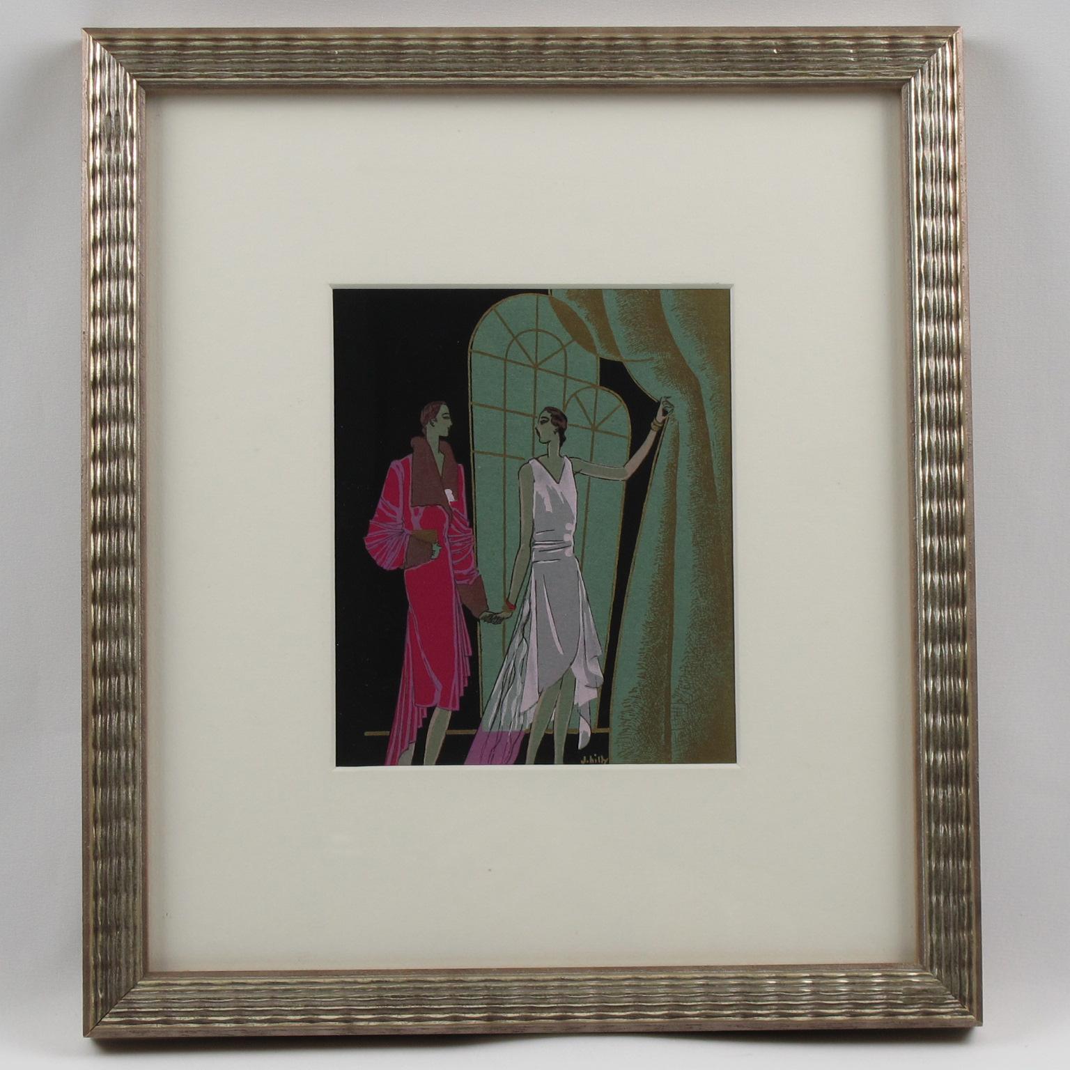 Original Art Deco illustration, hand painted with Chinese ink and gouache on paper. Featuring two elegant women with large windows and drapery. This illustration was probably made for a fashion show program or a magazine. Signed by J. Hilly bottom