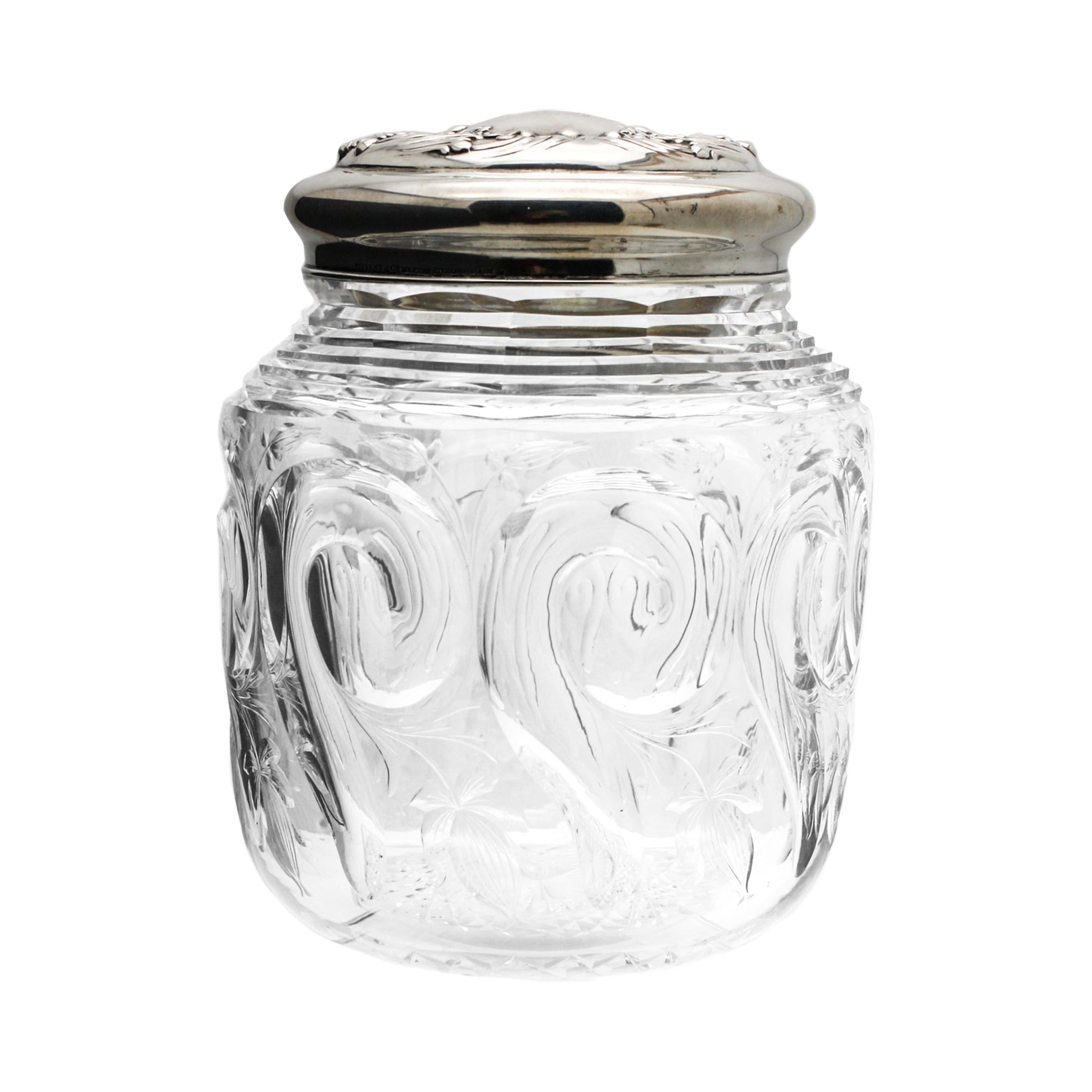 J. Hoare Hand Blown "Rock Crystal" ABP Biscuit Barrel with Tiffany Sterling Lid