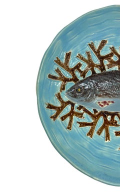 J. Holdcroft Majolica Salmon Plate on Turquoise Basketweave Ground, ca. 1875