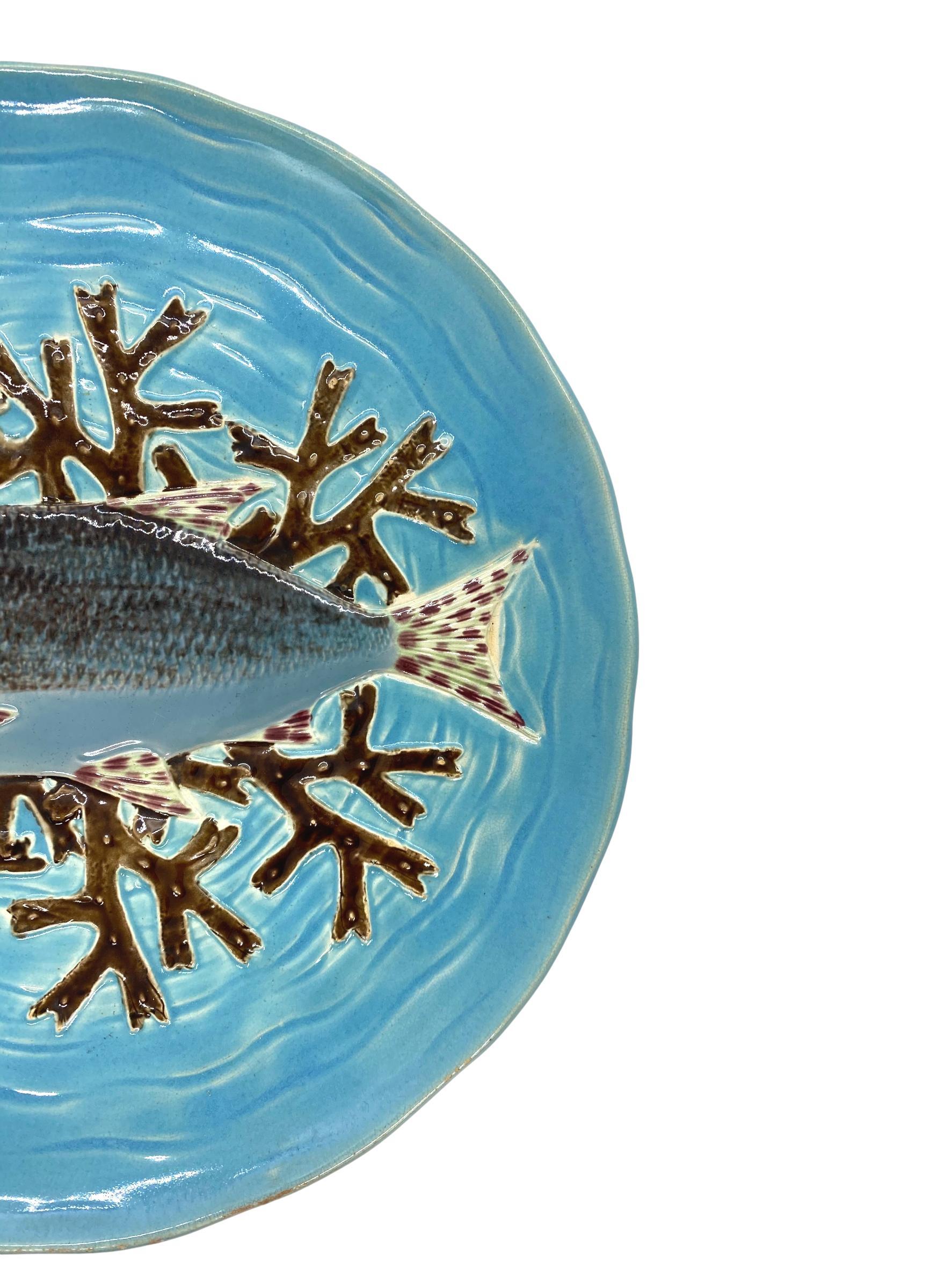 Molded J. Holdcroft Majolica Salmon Plate, Turquoise Ground, English, ca. 1875