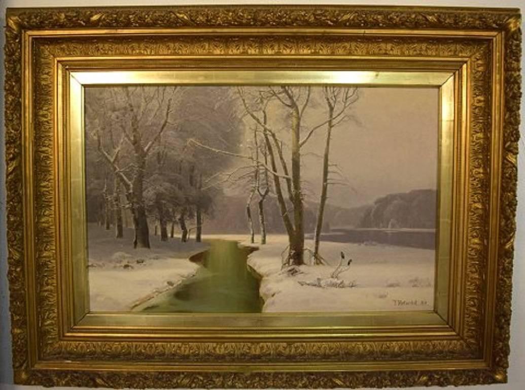 J. Holmsted, Scandinavian painter.
Oil on canvas.
Winter landscape from 1889 in large and impressive gold frame.
Measures: 80 cm. x 51 cm. The frame measures 18 cm.
Signed.
In very good condition.