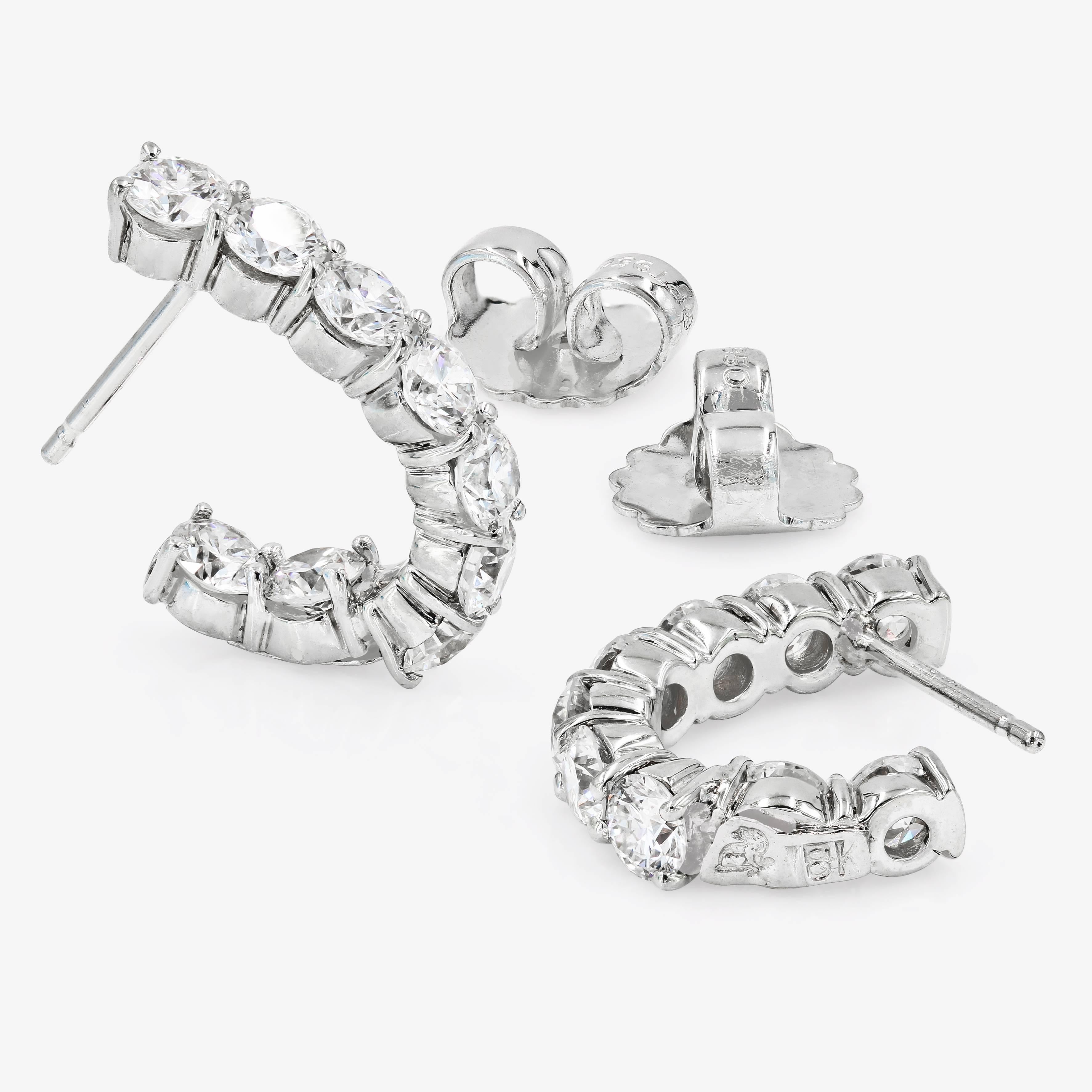 Round Cut J-Hoop Round Diamond Earrings in 18 Karat White Gold