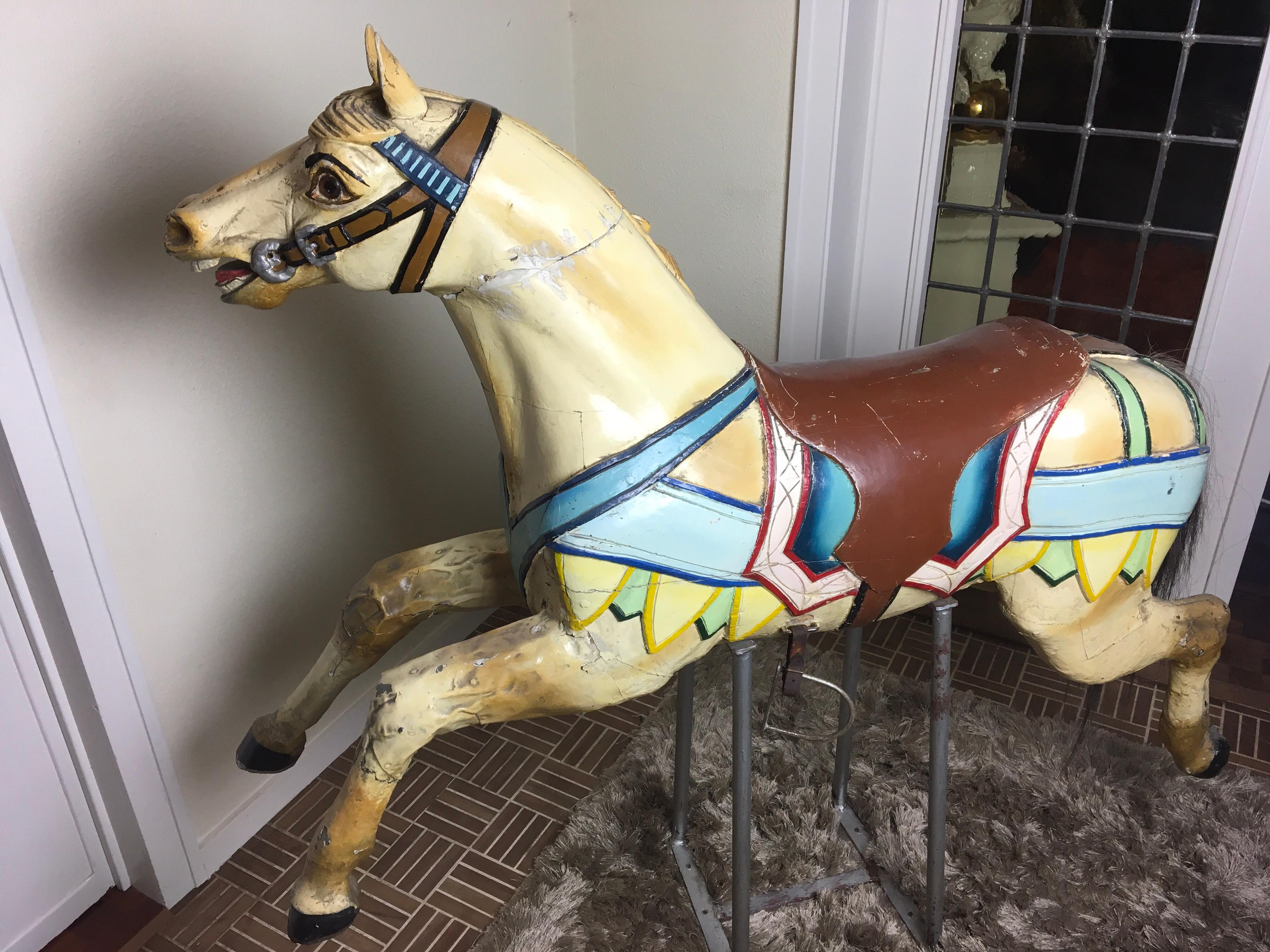 Metal J. Hübner Carved Wood Carousel Horse,  Early 20th Century, Germany For Sale