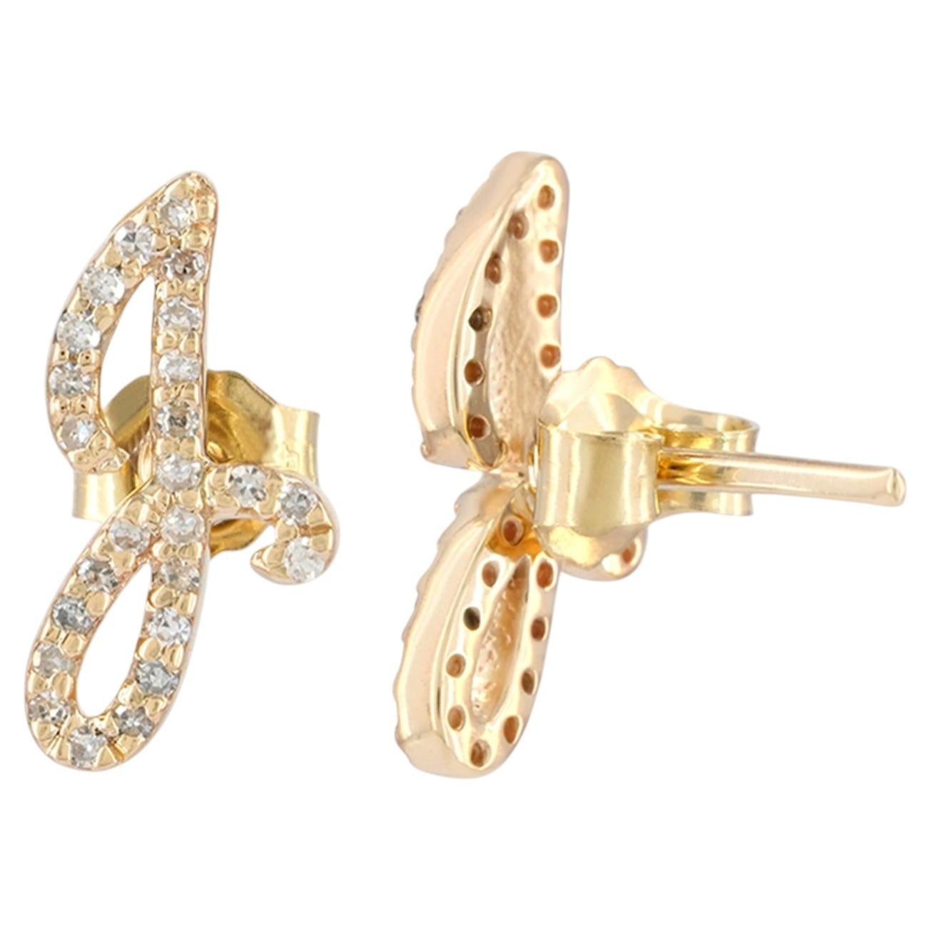 J Iniial Studs Solid 14k Yellow Gold Genuine White Diamond J Letter Stud Earring