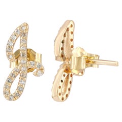 J Iniial Studs Solid 14k Yellow Gold Genuine White Diamond J Letter Stud Earring