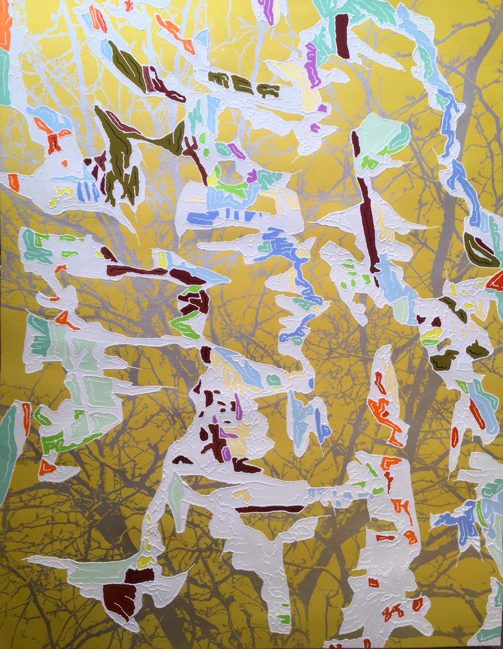 J Ivcevich, Trail Shred (Gold Spring), Abstract mixed media on paper, 2018 - Mixed Media Art by J. Ivcevich