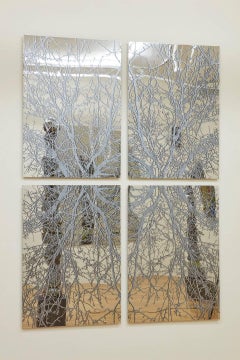 J Ivcevich, Mirror Mandala (Trees), Abstract ink on polished steel painting