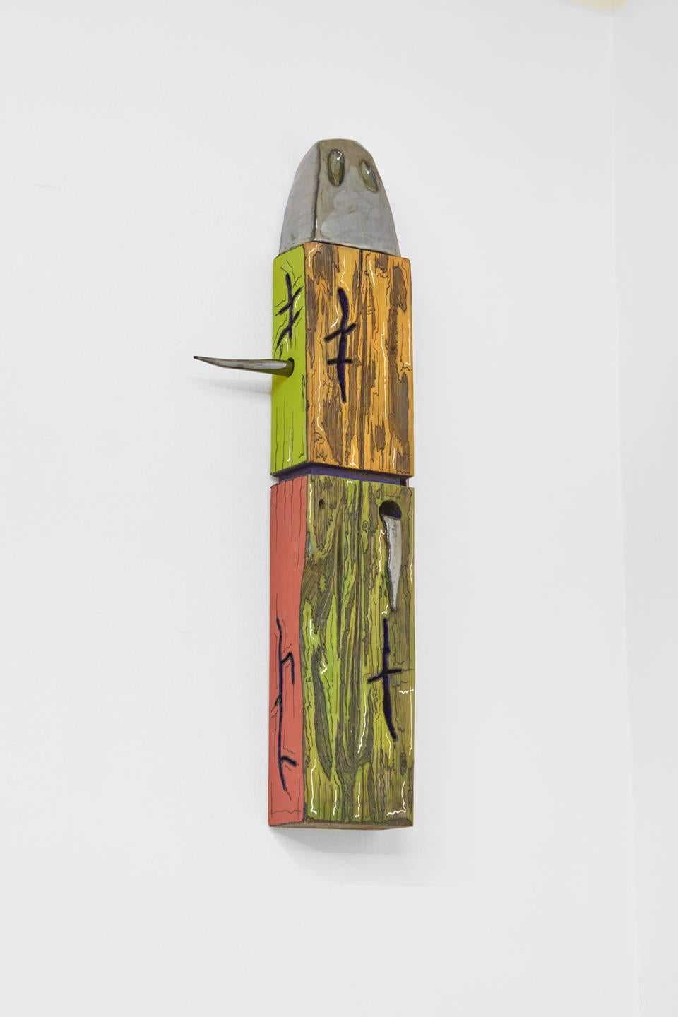J. Ivcevich Abstract Sculpture - J Ivcevich, Double Color Relic, Tribal reclaimed wood and ceramic sculpture