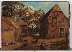 J. J. B. - 1866 Oil, Farmyard with Guinea Fowl