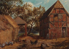 Antique J. J. B. - 1866 Oil, Farmyard with Guinea Fowl