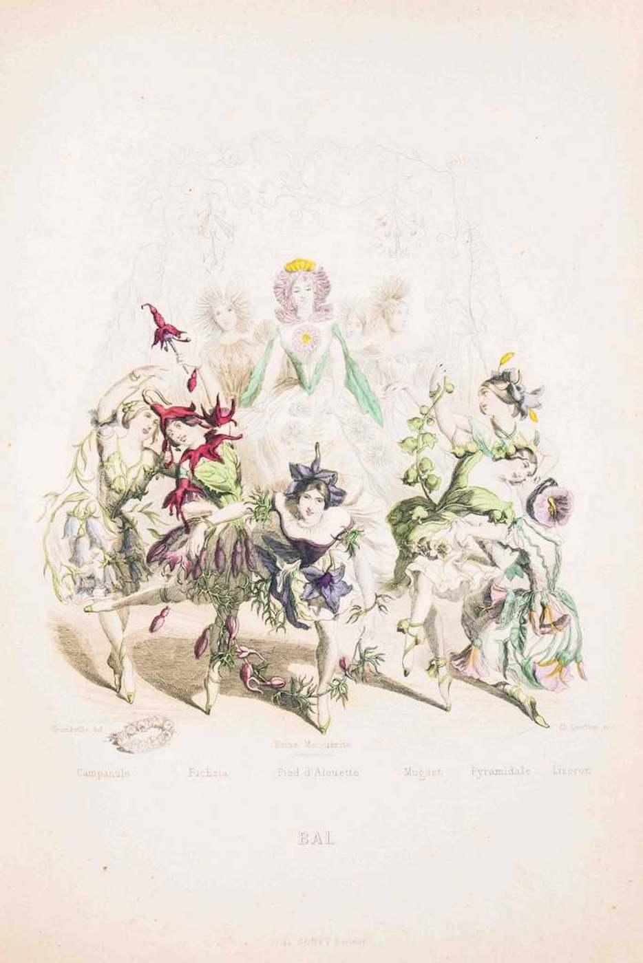 J. J. Grandville Figurative Print - Bal - Les Fleurs Animées Vol.II - Lithograph by J.J. Grandville - 1847