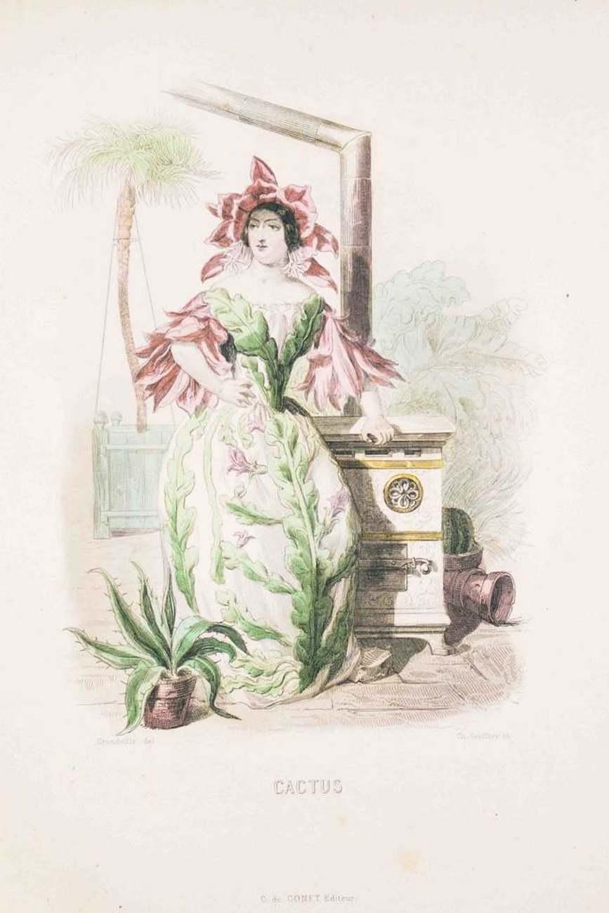 J. J. Grandville Figurative Print - Cactus - Les Fleurs Animées Vol.II - Lithograph by J.J. Grandville - 1847
