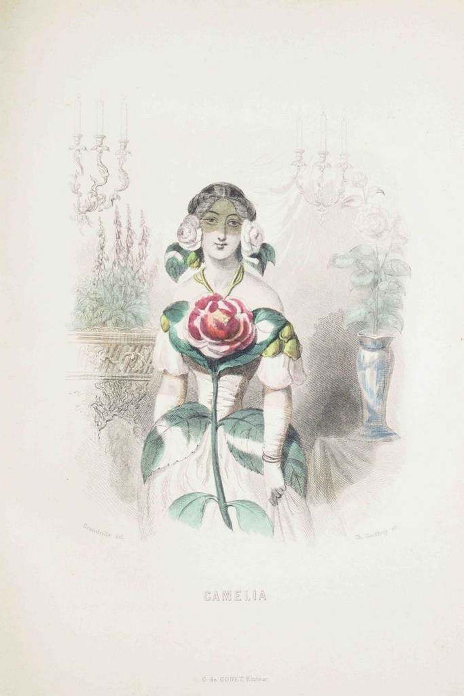 J. J. Grandville Figurative Print - Camelia - Les Fleurs Animées Vol.I - Litho by J.J. Grandville - 1847