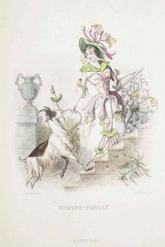 Antique Chèvrefeuille - Les Fleurs Animées Vol.I - Lithograph by J.J. Grandville - 1847