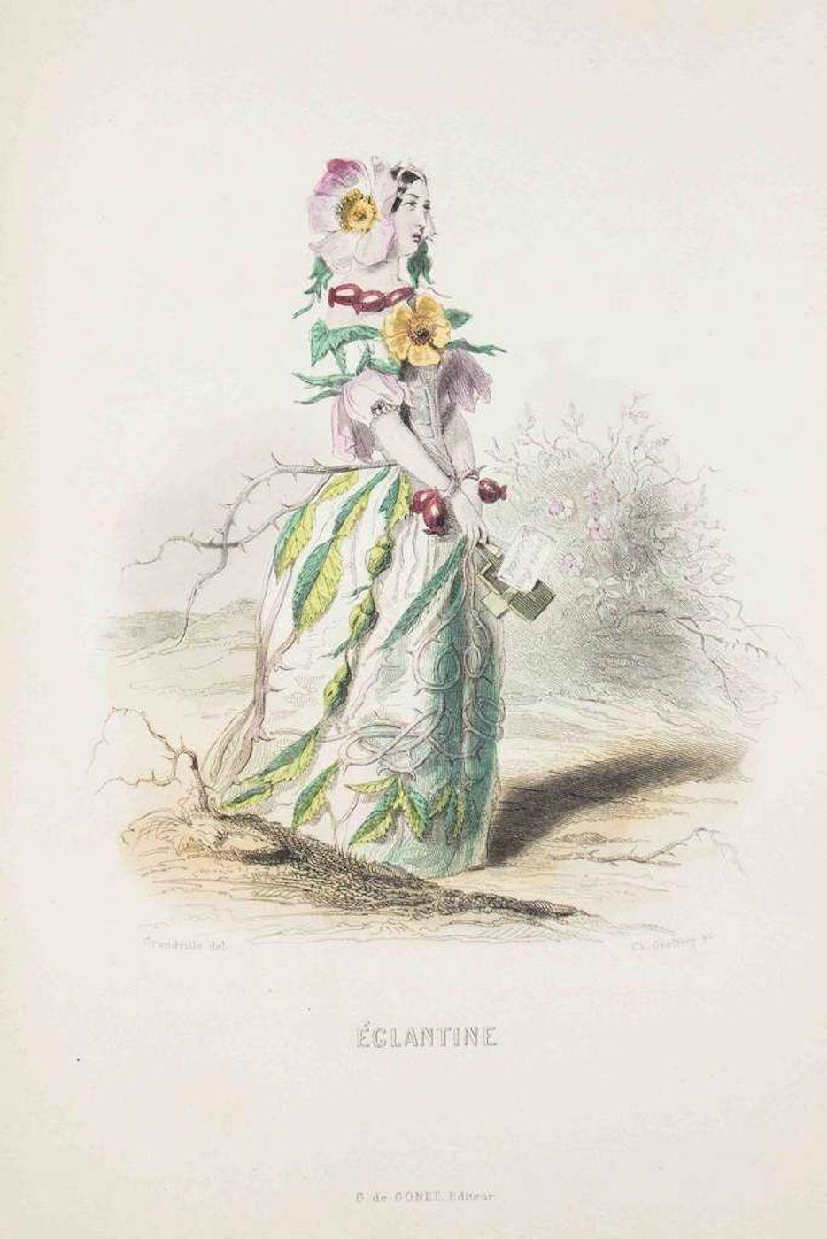 J. J. Grandville Figurative Print - Eglantine - Les Fleurs Animées Vol.I - Litho by J.J. Grandville - 1847