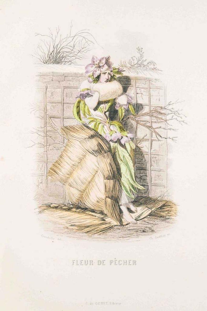 J. J. Grandville Figurative Print - Fleur de Pecher - Les Fleurs Animées Vol. - Lithograph by J.J. Grandville - 1847