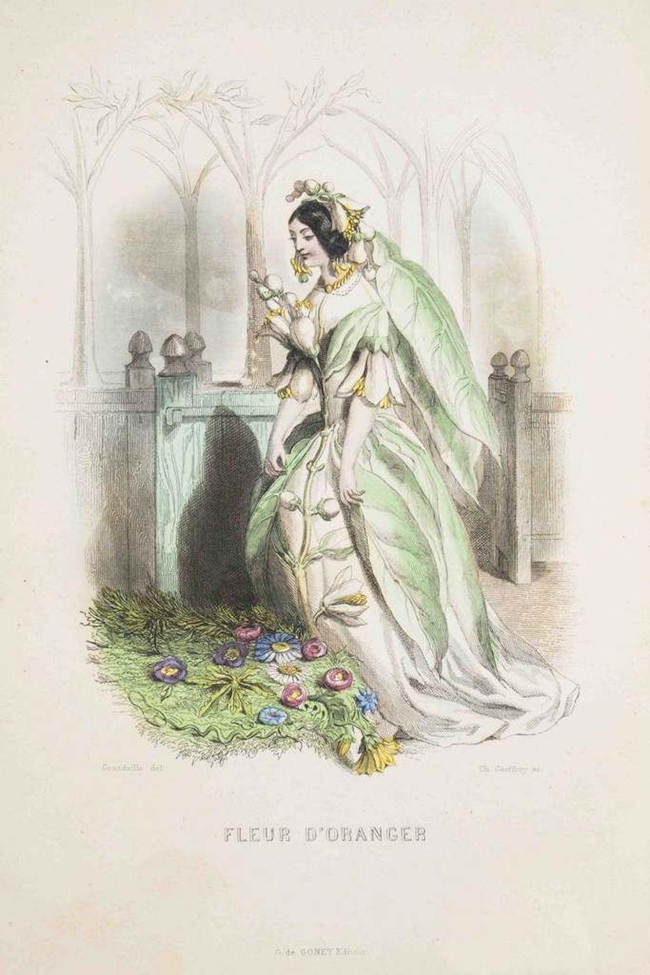 J. J. Grandville Figurative Print - Fleur d'Oranger - Les Fleurs Animées Vol.I - Litho by J.J. Grandville - 1847