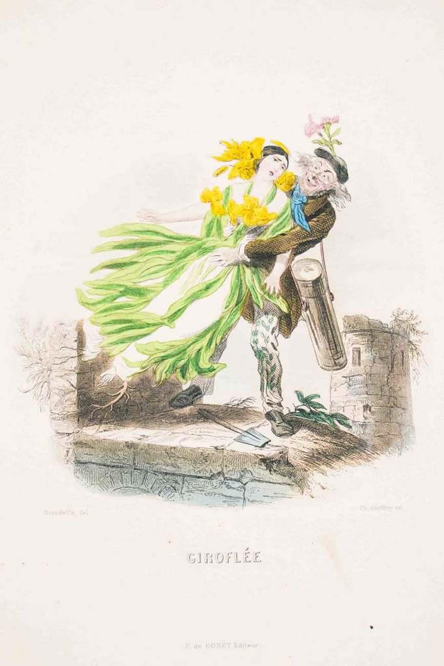 J. J. Grandville Figurative Print - Giroflée - Les Fleurs Animées Vol.II - Lithograph by J.J. Grandville - 1847