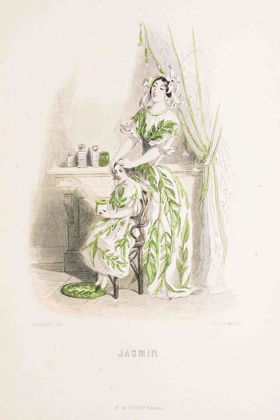 J. J. Grandville Figurative Print - Jasmin - Les Fleurs Animées Vol.II - Lithograph by J.J. Grandville - 1847